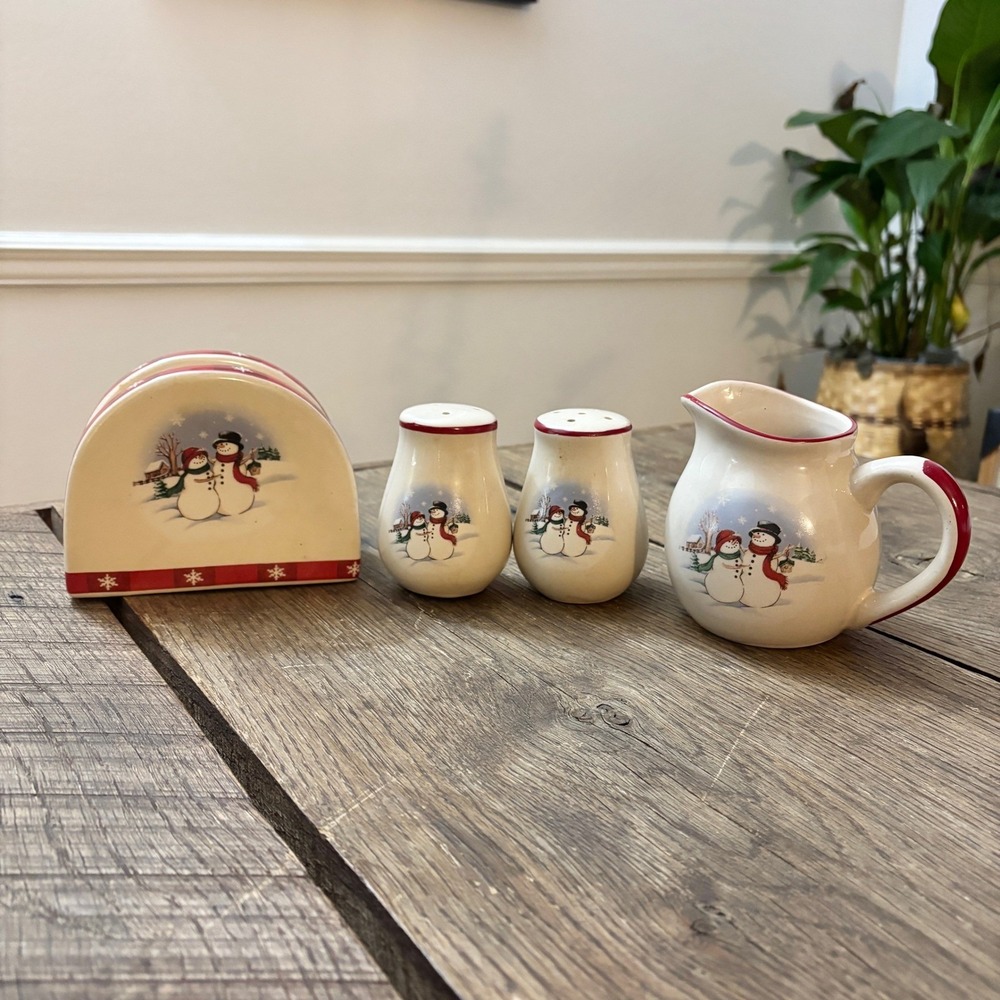 Royal Seasons 4 Piece Set Snowmen Snowflakes‎ Salt Pepper Pitcher Napkin Holder